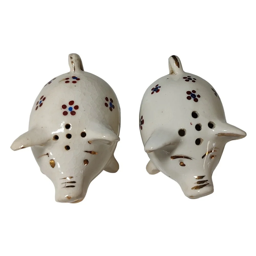 Vintage Ceramic Pig Salt and Pepper Shakers Hand Painted Flowers Gold Trim Japan